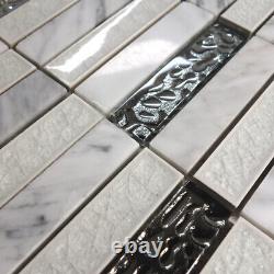 White Carrara Stone Mosaic Tile Metallic Silver Glass Kitchen Wall Backsplash