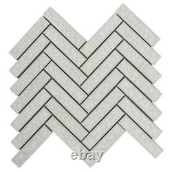 White Crackled Glass Mosaic Tile Herringbone Pattern Kitchen Shower Backsplash