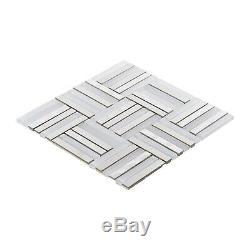 White Glass Stainless Steel Metallic Glass Parquet Mosaic Tile Wall Backsplash