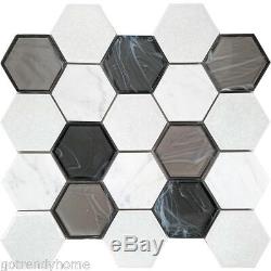 White Hexagon Pattern Stone Glass Mosaic Tile Kitchen Shower Wall Backsplash