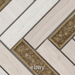 White Oak Gray Marble Mosaic Tile Crackle Glass Herringbone Kitchen Backsplash