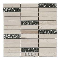 White Oak Gray Marble Stone Mosaic Tile Silver Glass Stacked Kitchen Backsplash