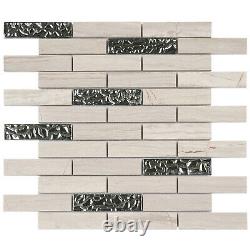 White Oak Gray Stone Mosaic Tile Silver Glass Brick Joint Shower Backsplash