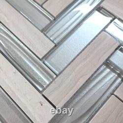 White Oak Marble Blended Gray Metallic Wave Mosaic Tile Backsplash Herringbone