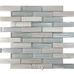 White Oak Stone Gray Crystal Metallic Wave Glass Blend Mosaic Tile Backsplash