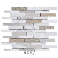 White Warm Calacatta Gray Marble Stone Crackle Glass Mosaic Tile Wall Backsplash